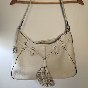 Brighton Ivory Pebbled Leather Hobo Shoulder Bag Braided Tassel Heart Charm